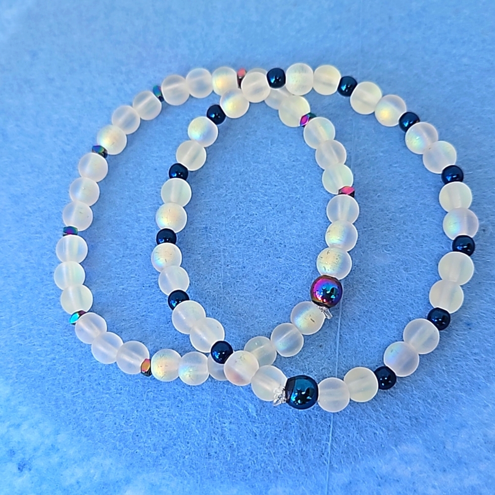 Handmade Bracelets In 6mm Frosted  Glass & Blue Hematite Beads